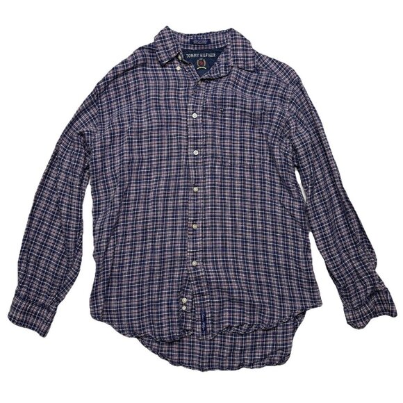 Tommy Hilfiger Men's Medium Blue Red White Long Sleeve Casual Linen Plaid Shirt - Picture 1 of 6